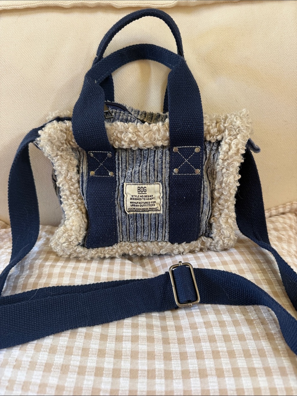 BDG Navy and Cream Sherpa Crossbody Bag